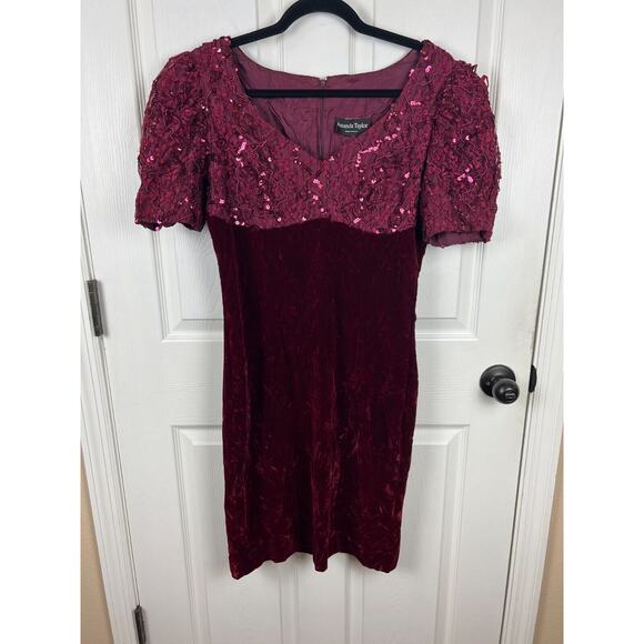 Vintage Red Burgundy Velvet Sequin Puff Sleeve Bodycon Holiday Party Dress Sz 8 - Picture 6 of 7